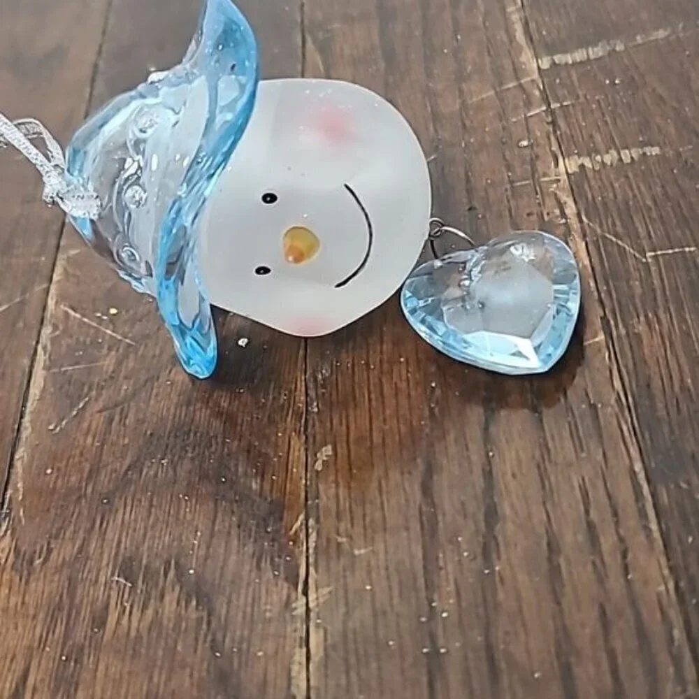 Porcelain Snowman Blue Hat Blue Heart Hanging Christmas Tree Ornament